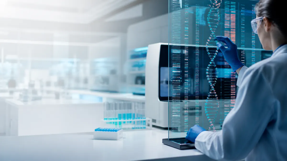 Illustration of a molecular biology researcher reviewing DNA data in a laboratory