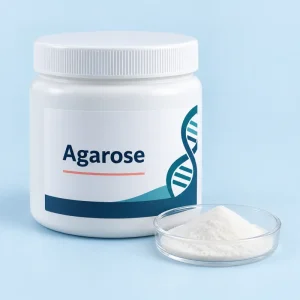 Illustrative agarose powder in a screw-cap laboratory jar.