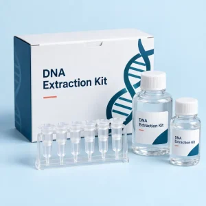 Illustrative a DNA extraction reagent kit with buffer bottles and spin columns.