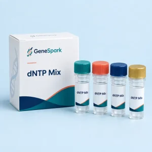 Illustrative nucleotide reagents presented as a set of four capped laboratory vials.