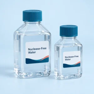 Illustrative laboratory water presented in a pair of capped reagent bottles.