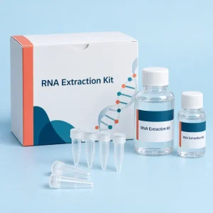 Illustrative an RNA extraction reagent kit with buffer bottles and collection tubes.