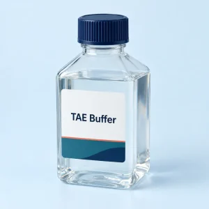 Illustrative tAE electrophoresis buffer presented in a laboratory reagent bottle.